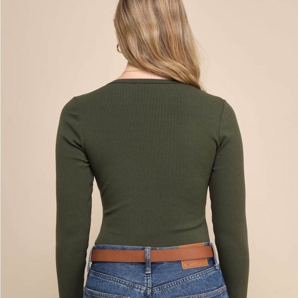 LULUS Always Aesthetic Olive Green Ribbed Long Sleeve Bodysuit - Picture 2 of 8